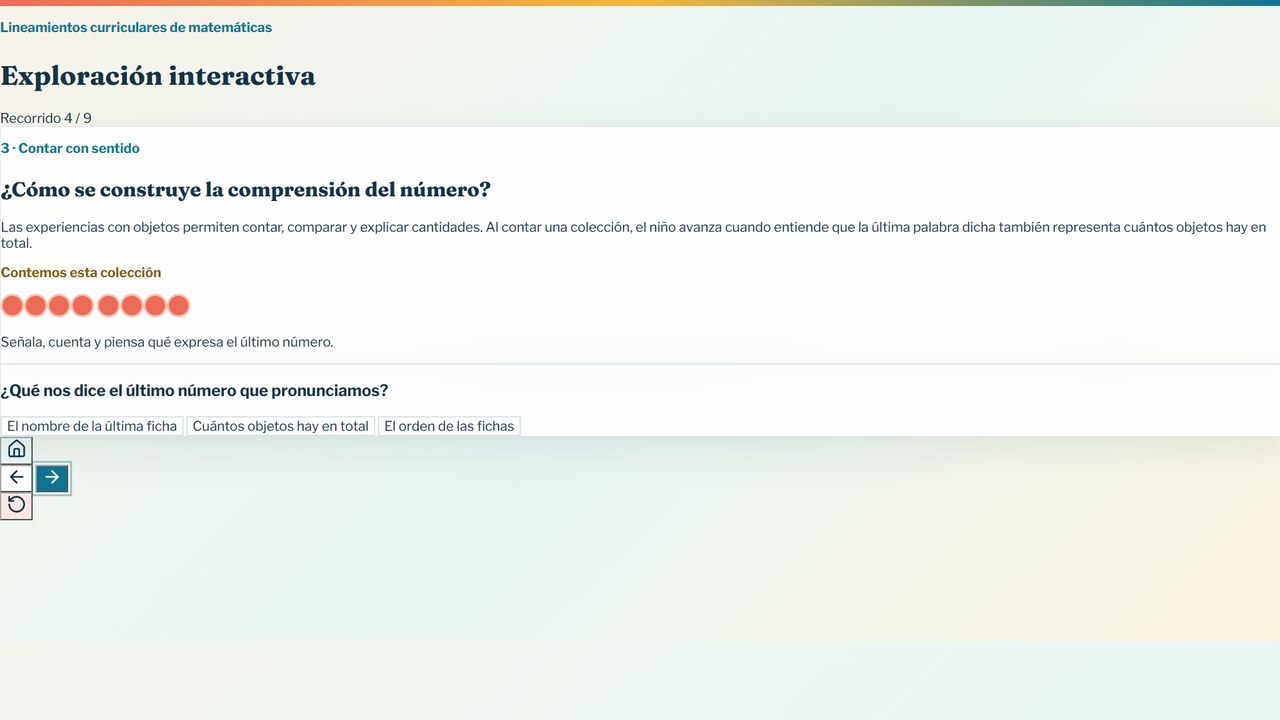 Pantalla 4 de 9 de la exploración interactiva. ¿Cómo se construye la comprensión del número? Contamos una colección de fichas