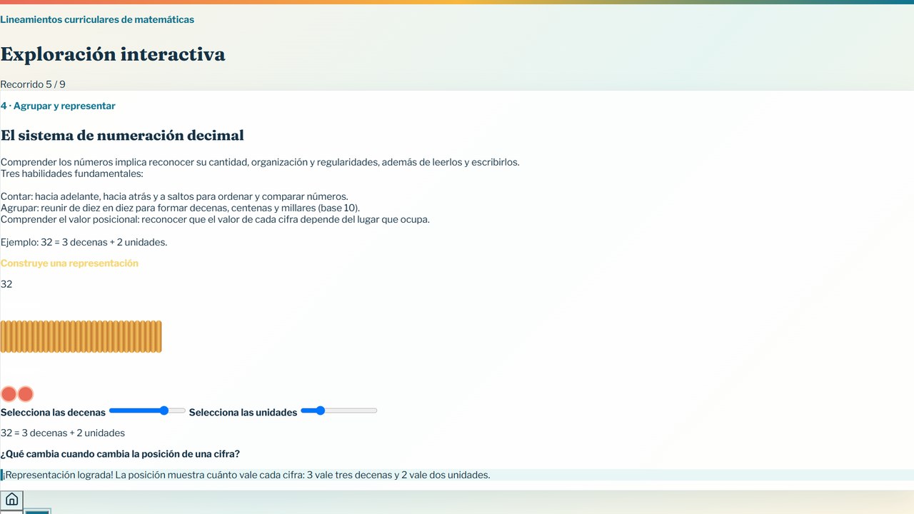Pantalla 5 de 9 de la exploración interactiva. El sistema de numeración decimal: representar el 32 con decenas y unidades