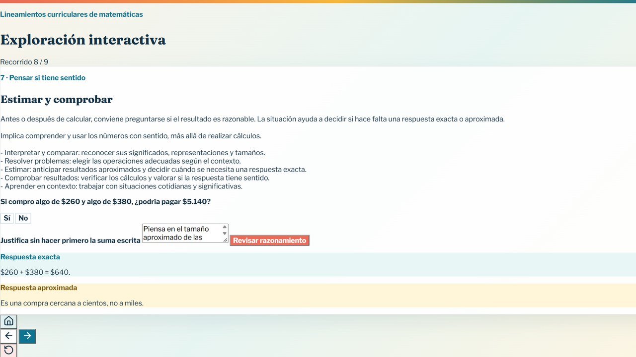 Pantalla 8 de 9 de la exploración interactiva. Estimar y comprobar: ¿podría pagar $5.140 si compro algo de $260 y algo de $380?