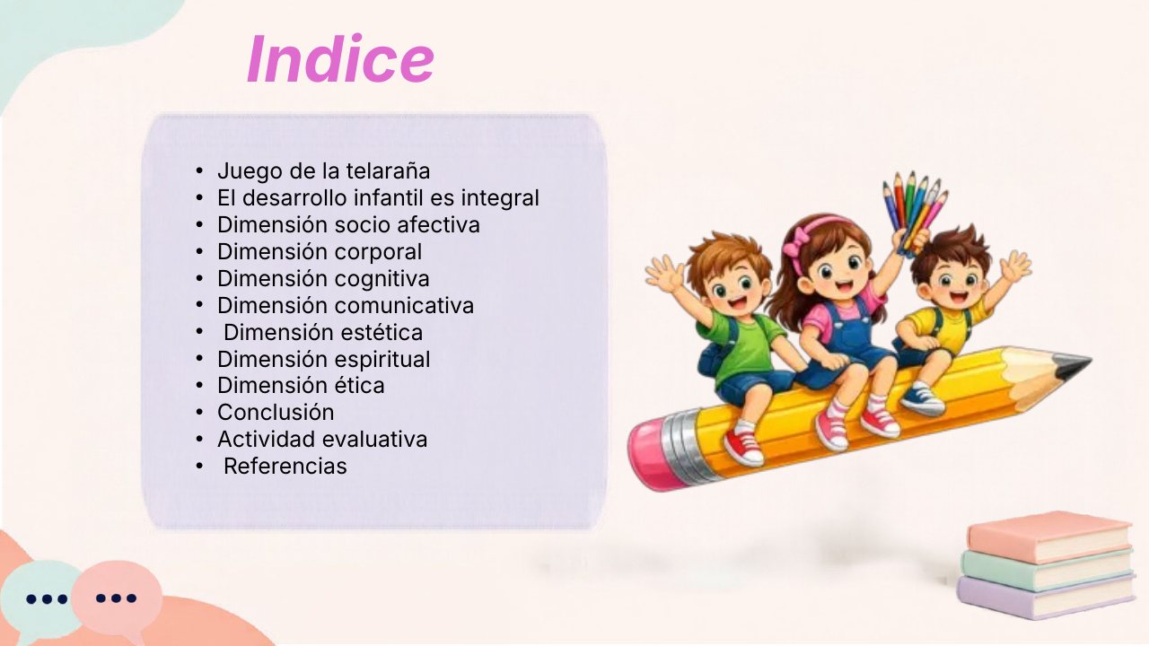 Índice: juego de la telaraña, el desarrollo infantil es integral, dimensiones socioafectiva, corporal, cognitiva, comunicativa, estética, espiritual y ética, conclusión, actividad evaluativa y referencias