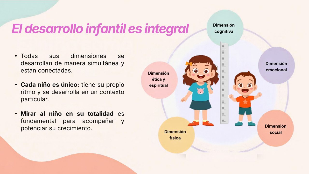El desarrollo infantil es integral: todas las dimensiones se desarrollan al mismo tiempo, cada niño es único y hay que mirarlo en su totalidad