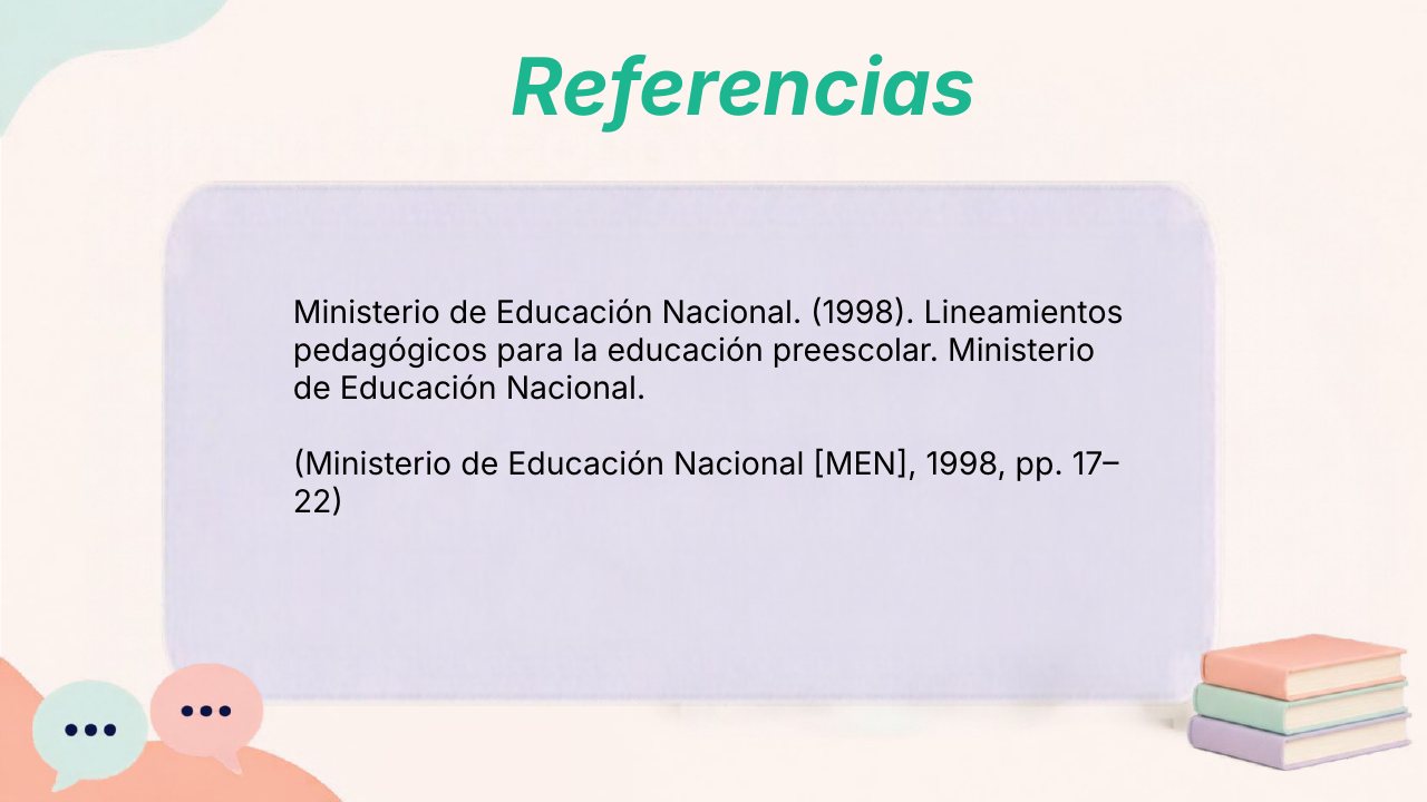 Referencias: Ministerio de Educación Nacional (1998), Lineamientos pedagógicos para la educación preescolar